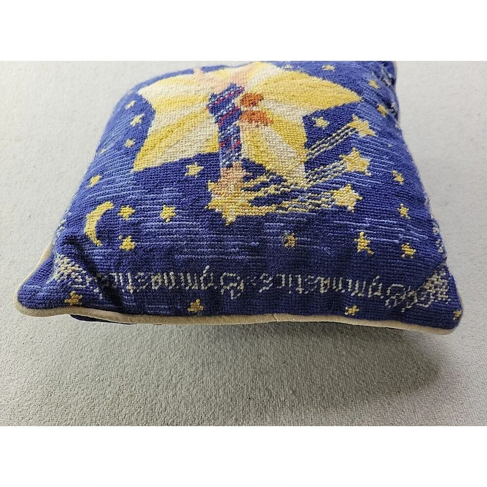 Gymnastics Needlepoint Pillow Shooting Stars Moon Velvet Back Blue Yellow 9
